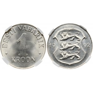 Estonia 1 Kroon 1992M Obverse: Three lions within shield divide date. Reverse: Denomination. Edge Plain. Copper-nickel...