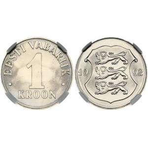 Estonia 1 Kroon 1992M Obverse: Three lions within shield divide date. Reverse: Denomination. Edge Plain. Copper-nickel...