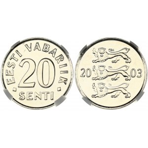 Estonia 20 Senti 2003 Obverse: Three lions divide date. Reverse: Denomination. Edge Smooth. Nickel plated steel. KM...