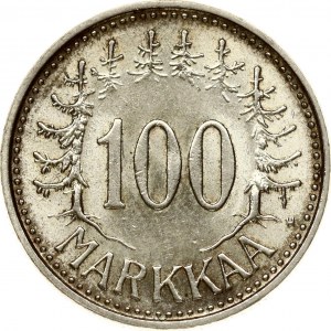 Finland 100 Markkaa 1957 Obverse: Coat of arms above date; legend surrounding. Reverse...