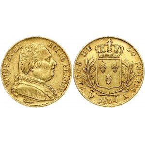 France 20 Francs 1814A Louis XVIII(1814-1824). Obverse: Uniformed bust right. Legend: LOUIS XVIII ROI DE FRANCE...