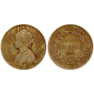 France Martinique 50 Centimes 1922. Obverse: Bust left within circle with star above. Lettering: RÉPUBLIQUE ...