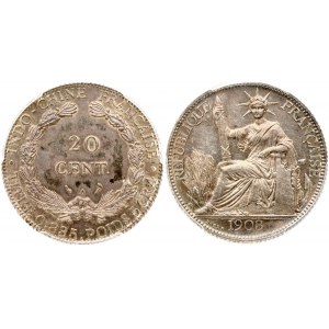 French Indochina 20 Centimes 1903 A Obverse: Marianne seated left with fasces; date in exergue. Lettering...