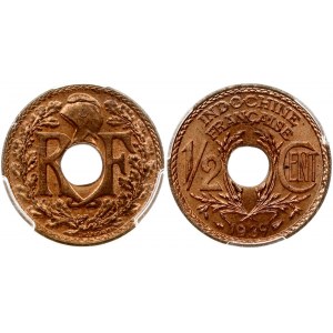 French Indochina 1/2 Centime 1939 Obverse: Center hole divides RF; liberty cap above; wreath surrounds. Lettering: R F...