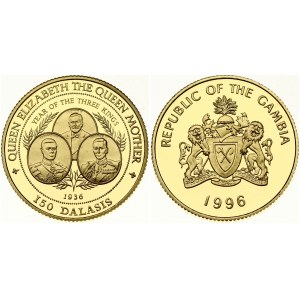 Gambia 150 Dalasis 1996 British Year of 3 Kings and Queen Mother. Obverse: National arms, date below. Reverse...