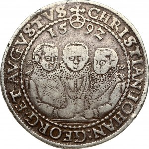 Germany Saxony 1 Thaler 1592 HB. Christian II & Johann Georg I & August (1591-1611). Obverse: The three brothers...
