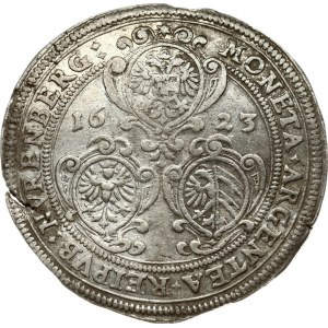 Germany Nürnberg 1 Thaler 1623 Obverse: Three framed arms seperating the date. Reverse: Crowned imperial eagle...