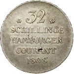 Germany Hamburg 32 Schillinge 1808 HSK Obverse: Arms with helmet; plumes and flags above. Obverse Legend: 17 EINE ...