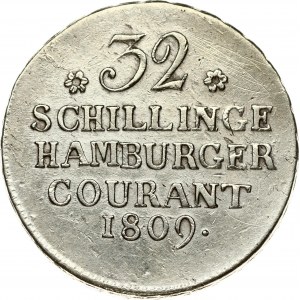 Germany HAMBURG 32 Schilling 1809 CAIG Obverse: Helmeted ornate arms. Legend: EINE * MARK * FEIN. Reverse: Denomination...