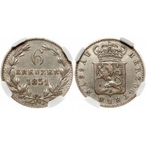 Germany Nassau 6 Kreuzer 1831 Wilhelm (1816-1839). Obverse: Crowned arms. Lettering: HERZOGTHUM NASSAU. Reverse...