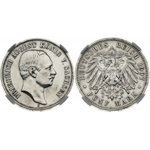 Germany SAXONY 5 Mark 1907E Friedrich August III (1904-1918). Obverse: Head right. Reverse...