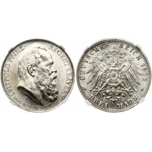 Germany BAVARIA 3 Mark 1911D 90th Birthday of Prince Regent Luitpold. Otto (1886-1913). Obverse: Head right. Reverse...