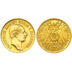 Germany SAXONY 20 Mark 1914E Friedrich August III(1904-1918 ). Obverse: Head right. Reverse...