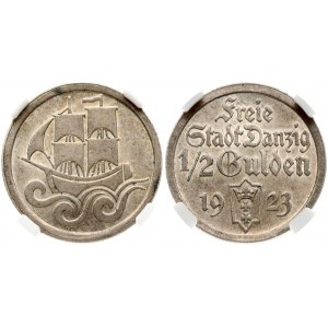 Germany Danzig 1/2 Gulden 1923 Obverse: Date divided by shielded arms; denomination above. Reverse: Ship at sea...
