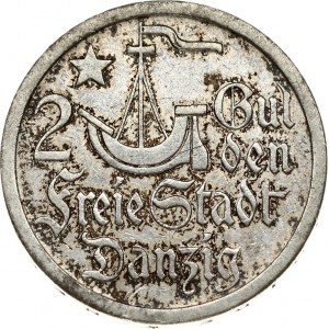 Germany Danzig 2 Gulden 1923 Obverse: Ship and star divide denomination. Reverse: Shielded arms with supporters...