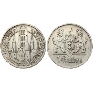 Germany Danzig 5 Gulden 1923 Obverse: Marienkirche within circle. Reverse: Shielded arms with supporters...