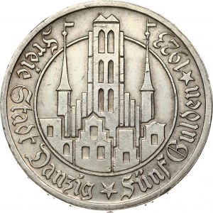 Germany Danzig 5 Gulden 1923 Obverse: Marienkirche within circle. Reverse: Shielded arms with supporters...