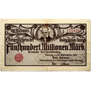 Germany Danzig 500 000 000 Mark 1923 Banknote. Obverse: Portrait of Arthur Schopenhauer (1788-1860...