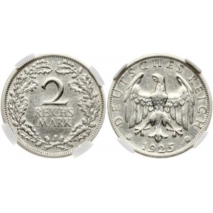 Germany Weimar Republic 2 Reichsmark 1925J Obverse: Eagle above date. Reverse: Denomination within wreath. Silver...