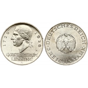 Germany Weimar Republic 3 Reichsmark 1929 A 200th Anniversary of Gotthold Lessing. Obverse: Small eagle...