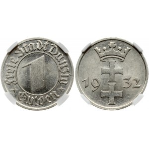 Germany Danzig 1 Gulden 1932 Obverse: Large numeric denomination within circle. Reverse: Arms divide date. Nickel...