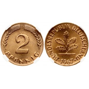 Germany Federal Republic 2 Pfennig 1967G. Obverse: Five oak leaves; date below. Reverse: Denomination. Bronze. KM 106...