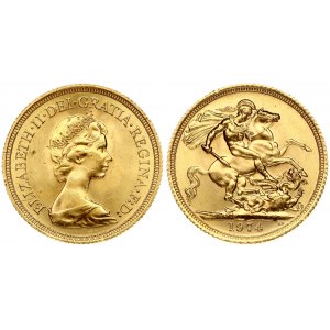 Great Britain 1 Sovereign 1974 Elizabeth II(1952-). Obverse: Young bust right. Reverse: St. George slaying the dragon...