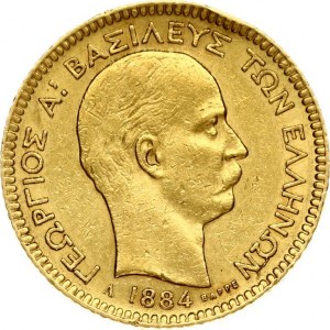 Greece 20 Drachmai 1884A George I(1863 - 1913). Obverse: Old head right. Reverse: Arms within crowned mantle. Gold...