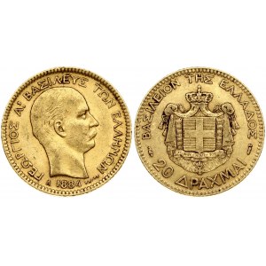 Greece 20 Drachmai 1884A George I(1863-1913). Obverse: Old head right. Reverse: Arms within crowned mantle. Gold 6.41g...