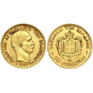 Greece 20 Drachmai 1884A George I(1863-1913). Obverse: Old head right. Reverse: Arms within crowned mantle. Gold 6.43g...