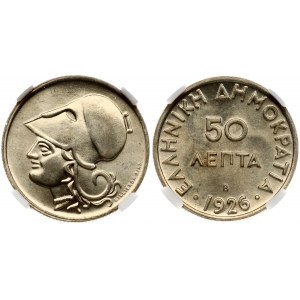 Greece 50 Lepta 1926 Obverse: Denomination above date. Reverse: Athena head left. Edge Description: Reeded. Copper...