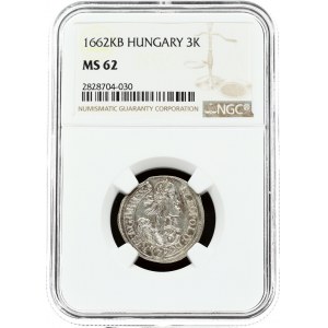 Hungary 3 Krajczar 1662KB Leopold I (1657-1705). Obverse: Laureate bust of Leopold I right in inner circle; value below...