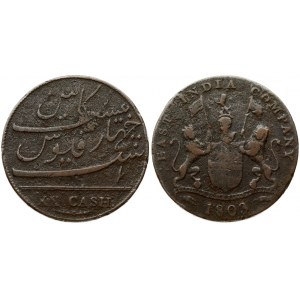 India-British Madras 20 Cash 1803 Obverse: Coat of arms of the East India Company: 2 lions; St George...