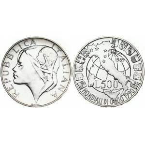Italy 500 Lire 1989R Soccer. Obverse: Head left with world cup trophy within hair. Reverse...