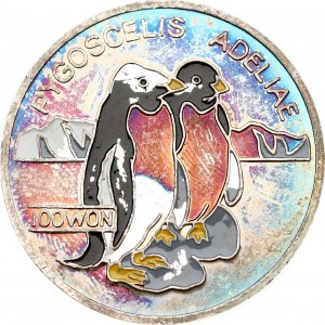 Korea-North 100 Won 1995 Obverse: National arms. Reverse: Two multicolored Adelie penguins. Silver...