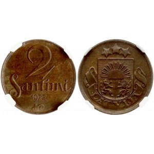 Latvia 2 Santimi 1922 Without mint name below ribbon. Obverse: National arms above ribbon. Reverse: Value and date...