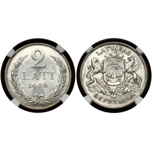 Latvia 2 Lati 1926 Obverse: Arms with supporters. Reverse: Value and date within wreath. Edge Description: Milled...