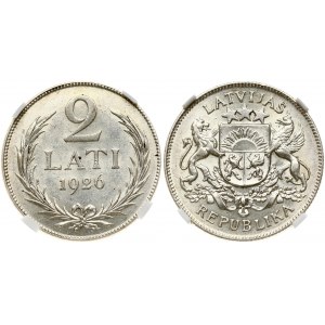 Latvia 2 Lati 1926. Obverse: Arms with supporters. Reverse: Value and date within wreath. Edge Description: Milled...
