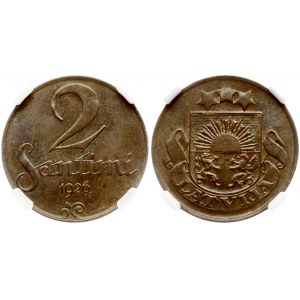Latvia 2 Santimi 1926. Obverse: National arms above ribbon. Reverse: Value and date. Edge Description: Plain. Bronze...