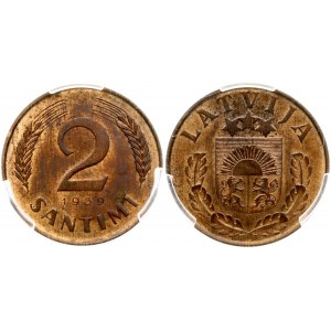Latvia 2 Santimi 1939 Obverse: National arms above sprigs. Reverse: Value flanked by sprigs above date...