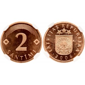 Latvia 2 Santimi 2006 Obverse: National arms. Reverse: Lined arch above value flanked by diamonds. Edge Description...