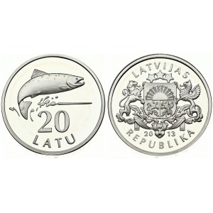 Latvia 20 Latu 2013 20th Anniversary of the return of Lats coinage. Obverse: National arms. Reverse: Salmon...