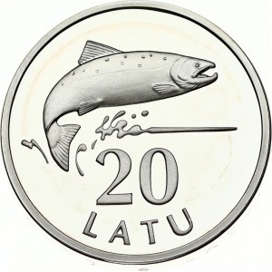 Latvia 20 Latu 2013 20th Anniversary of the return of Lats coinage. Obverse: National arms. Reverse: Salmon...