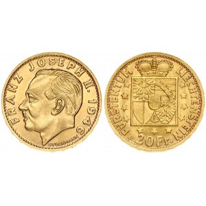 Liechtenstein 20 Franken 1946B Franz Josef II(1938-1989). Obverse: Head left. Reverse: Crowned shield within stars...