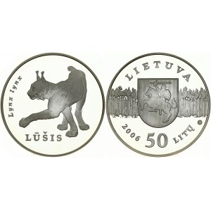 Lithuania 50 Litų 2006 Eurasian Lynx. Obverse: National arms on forest background. Reverse: Lynx prowling...
