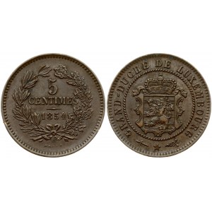 Luxembourg 5 Centimes 1854 (u) William III (1849-1890). Obverse: Crowned ornate shield within rope wreath...