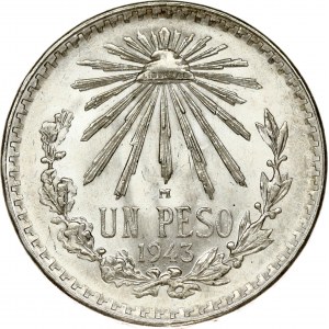 Mexico 1 Peso 1943 Obverse: National arms. Reverse: Value and date within 3/4 wreath with Liberty cap above...