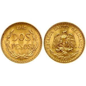 Mexico 2 Pesos 1945 Obverse: Mexican eagle eating a snake on a cactus with wreath below and legend above. Lettering...