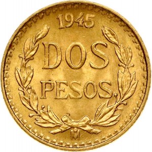 Mexico 2 Pesos 1945 Obverse: Mexican eagle eating a snake on a cactus with wreath below and legend above. Lettering...