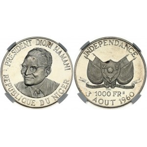 Niger 1000 Francs 1960 ESSAI Independence Commemorative. Obverse: President Diori Hamani left. Reverse: Flagged arms...